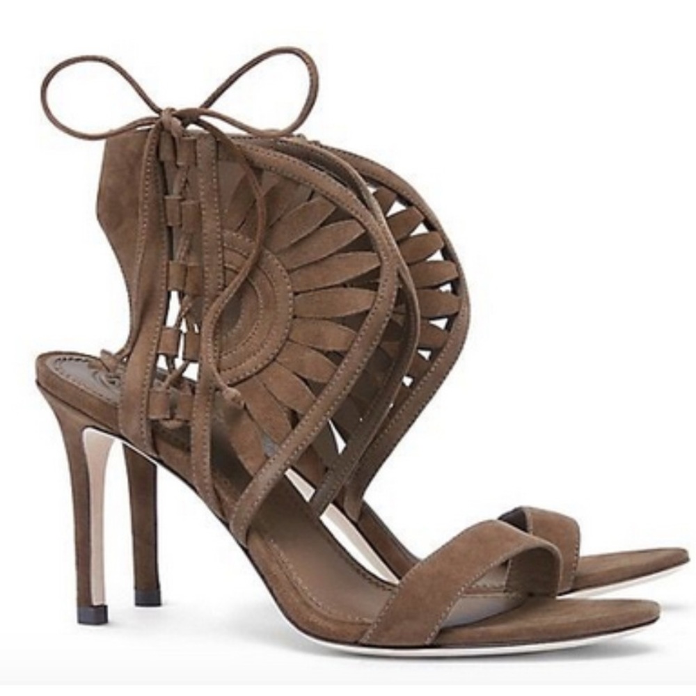 Tory Burch Leyla Taupe Open Toe Suede Cutout Sandals Heels
